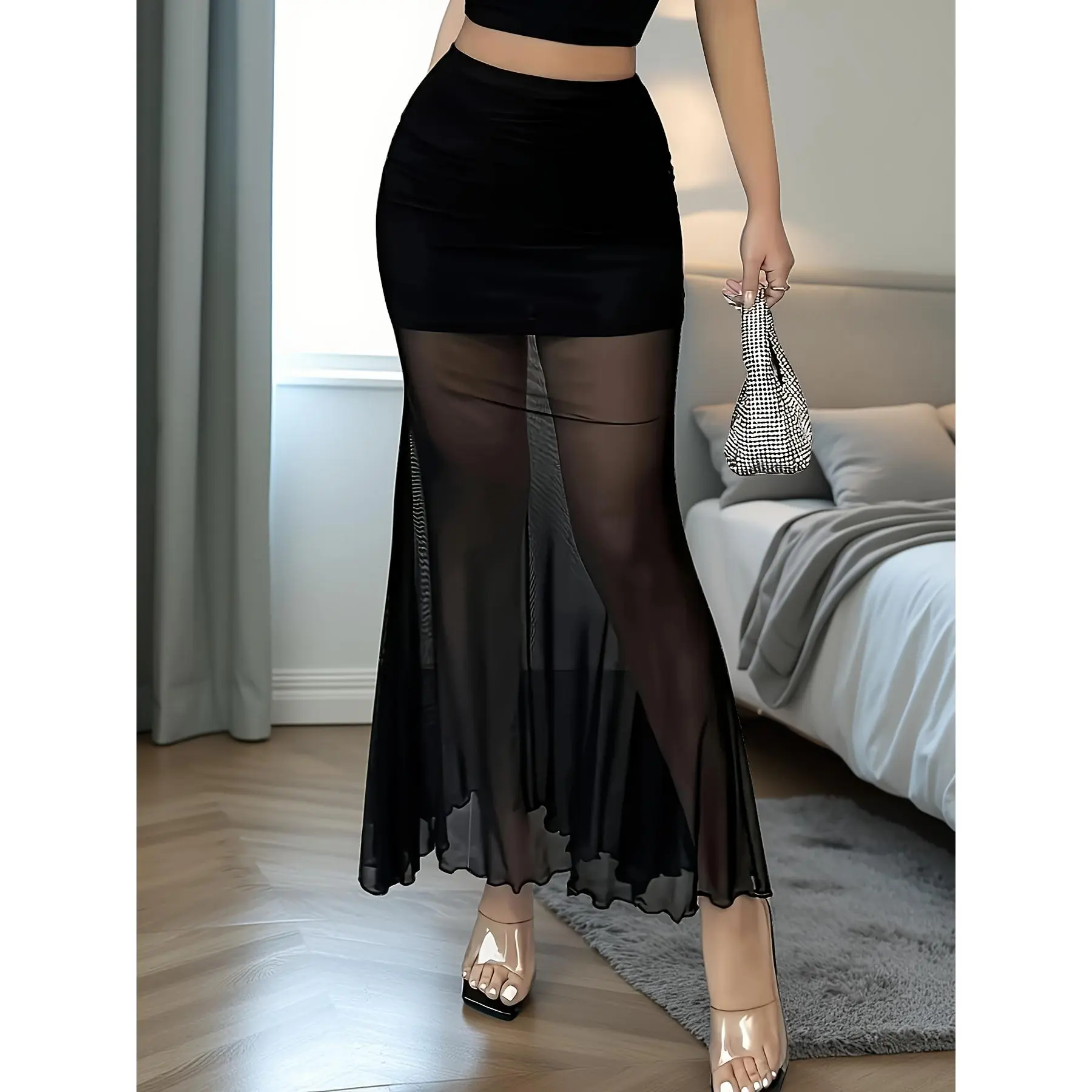 Elegant Women's Sheer Mesh Fabric Mermaid Skirt