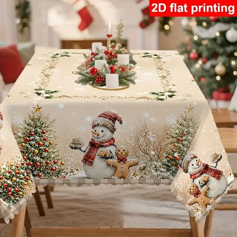 Vintage Winter Snowman and Gingerbread Christmas Tablecloth, Durable Polyester, Leaf Edge, and Gold Snowflake Design, Indoor/outdoor Decor