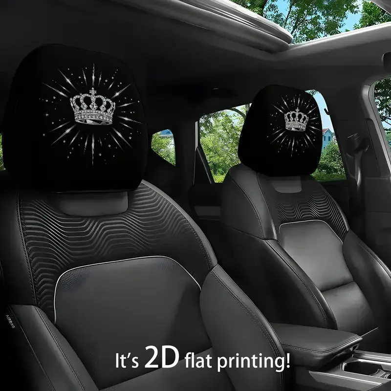 2pcs silver diamond-embellished crown, shiny line pattern printed car headrest cover, artistic style, elastic non-filled fit, washable and easy to install, durable polyester car seat protector, suitable for cars