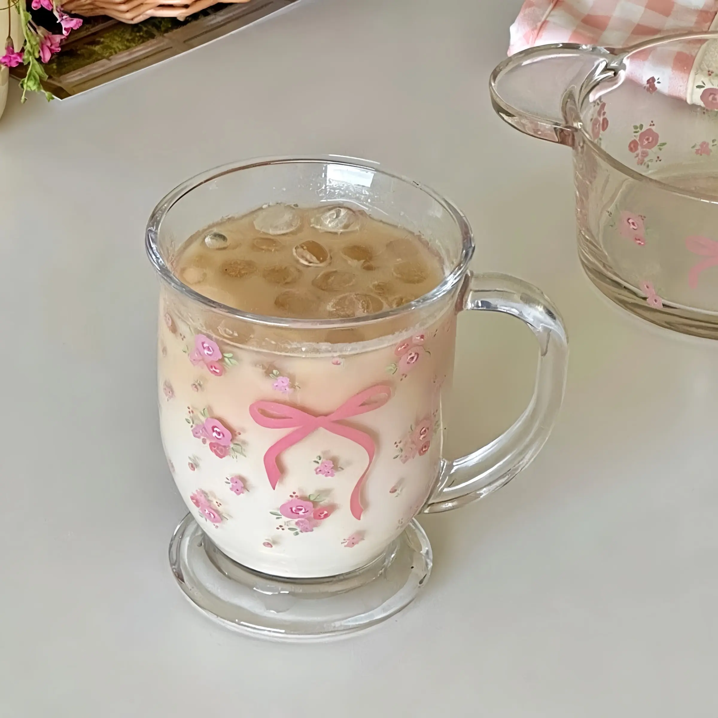 450ML Transparent Glass Cup with Handle, Cute Bow Design, Ideal for Coffee/milk/juice/tea, Perfect Gift for Girls and Women