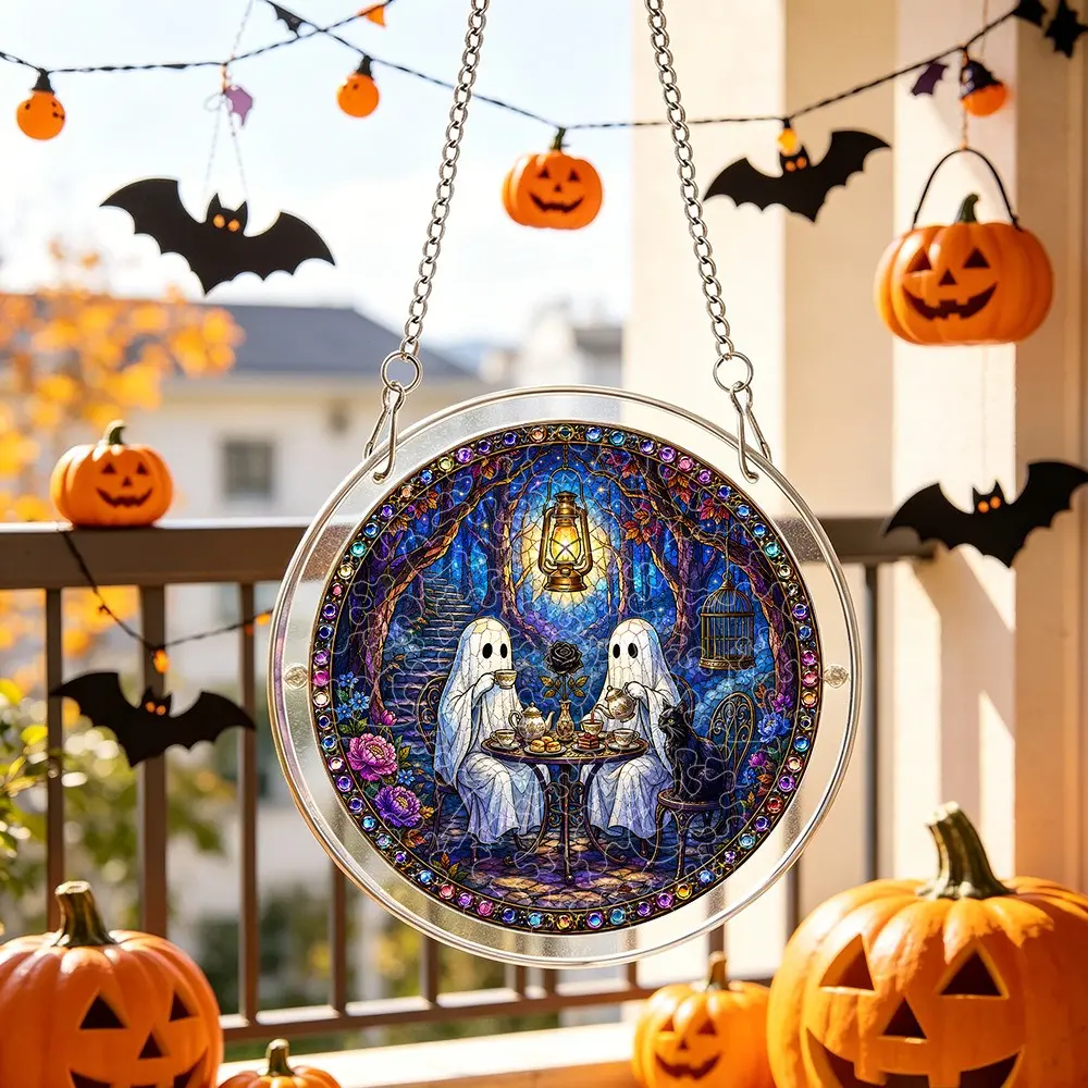2D Flat Acrylic Puzzle Sun Catcher Window Hanging Ornament - 83pcs Stained Glass Style Double Chain Luminous Transparent Artwork, Ghost Tea Party Halloween Gothic DIY Assembly Lantern Home Decor Gift with Light, Stainless