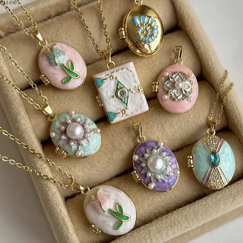 Vintage Openable Pocket Watch Locket Necklace, DIY heart enamel colorful painted pendant with 18K gold plating. Dainty coastal style chain, retro multi-color drop oil floral charm, sweet daily matching jewelry and perfect beach vacation accessory for wome