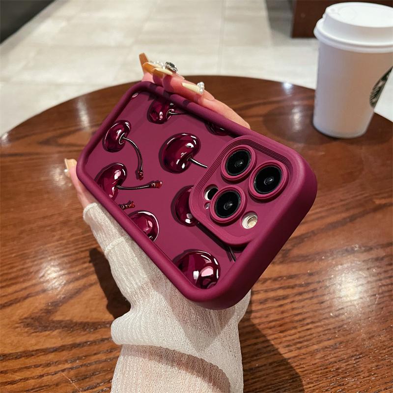 Sexy Wine Cherry Pattern Phone Case , Soft Silicone Tpu Protection and Shockproof For iPhone 17 16 15 Pro Max 14 16Pro 13 12 11 X Plus Air Mini Girl