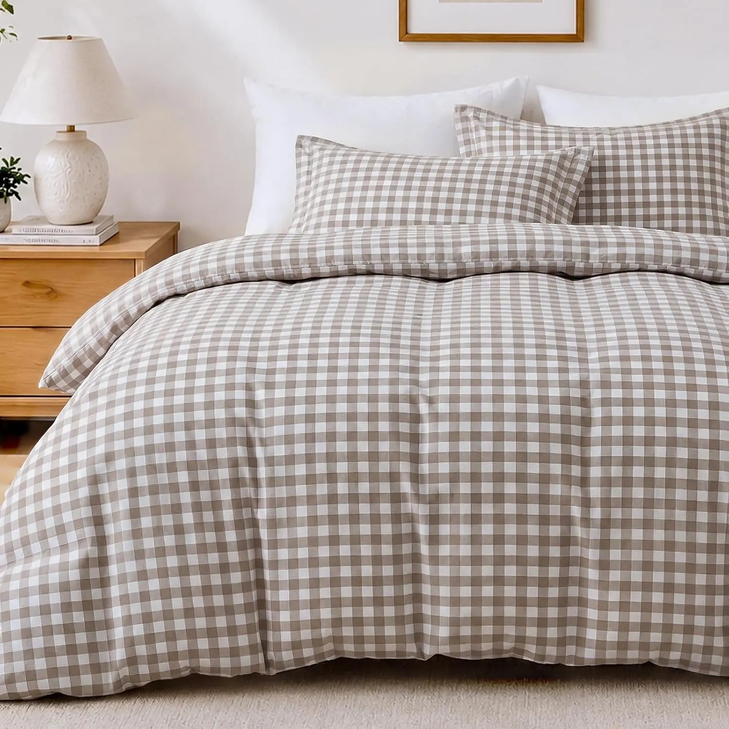 Brown Gingham Duvet Cover Queen Size, Ultra Soft Brushed Microfiber Tan Plaid Duvet Cover Set, Oeko-TEX Certified, Breathable Checkered Bedding Set (Queen 90"x90", No Comforter)