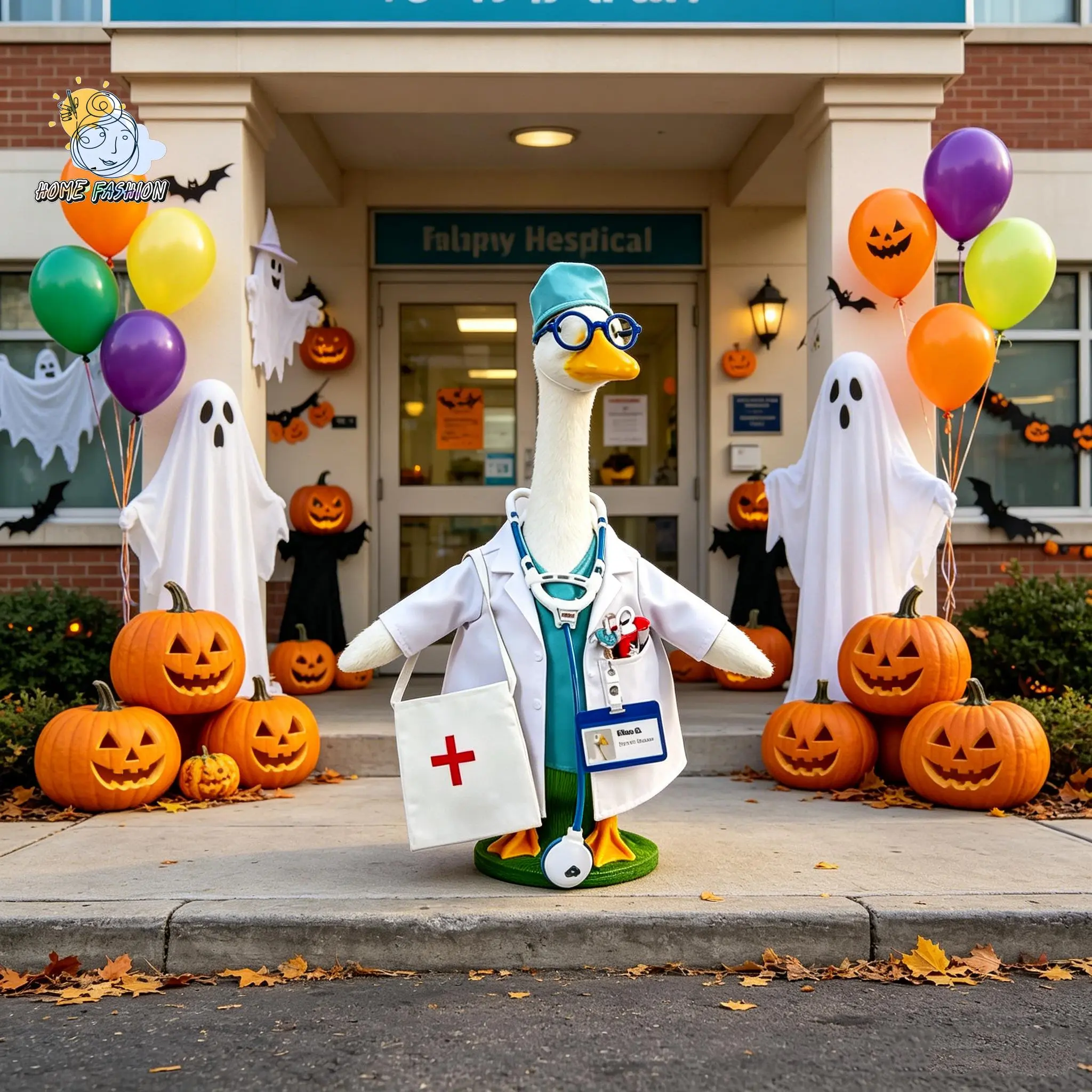 Medical Nurse Duck Halloween Outdoor Ornament Hospital Theme Front Door Porch Decor Doctor Duck Figurine With ID Card Stethoscope Fall Autumn Lawn Garden Halloween Clinic