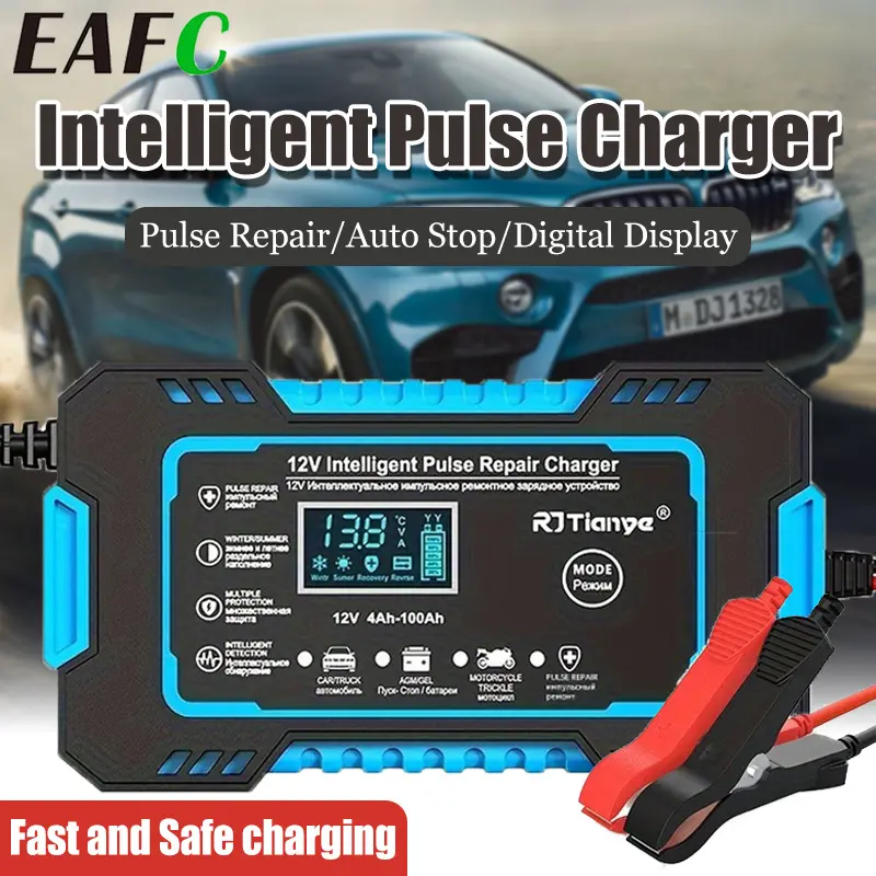 12V 6A Smart Car Battery Charger with LCD Display, Pulse Repair, Overcharge Safe Protection, Short Circuit Protection - Rugged Design, High-Performance Electronics, Compatible with AGM, GEL, Lead-Acid Batteries for Cars/Motorcycles