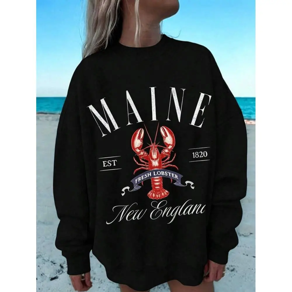 A women's Maine lobster pattern printed sweatshirt, gray blend crew neck long-sleeve pullover, comfortable and casual, suitable for everyday wear in autumn and winter.
