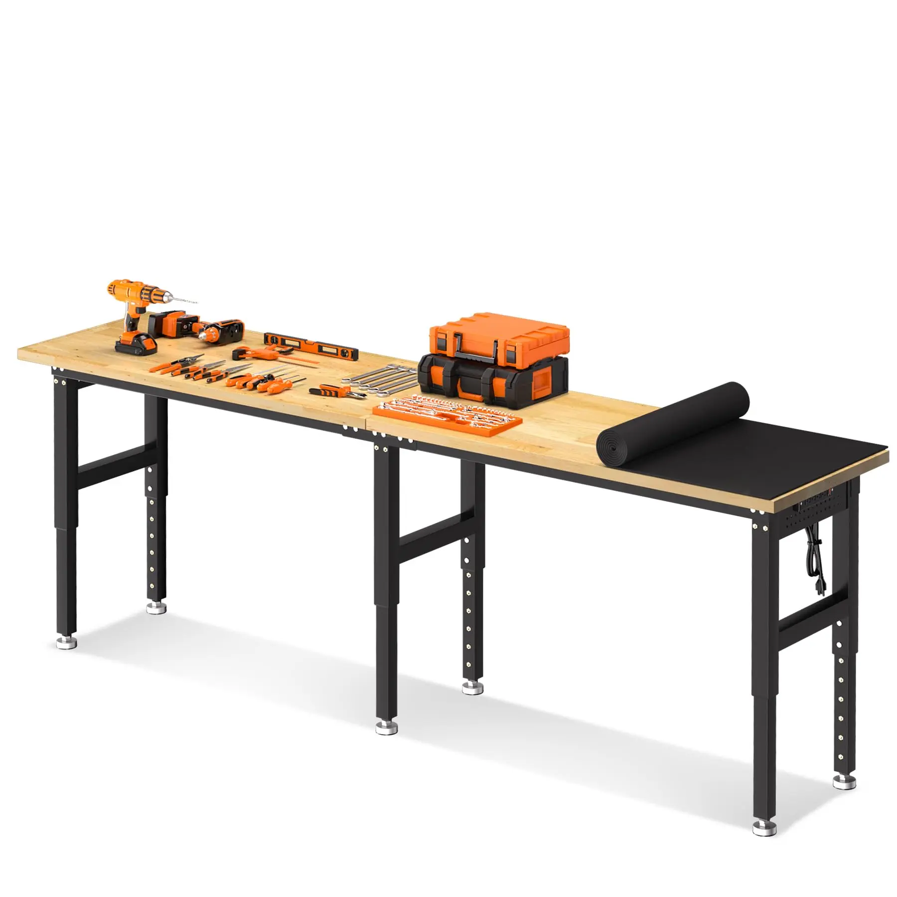 96" Adjustable Workbench, 5000 Lbs Weight Capacity Heavy Duty Work Table, 1.2in Thick Rubber Wood Top Workstation with ETL Power Outlet, Double Side Pegboard & 10 Hooks, 6 Height Adjustable Garage Work Table for Workshop, Garage, Home Office