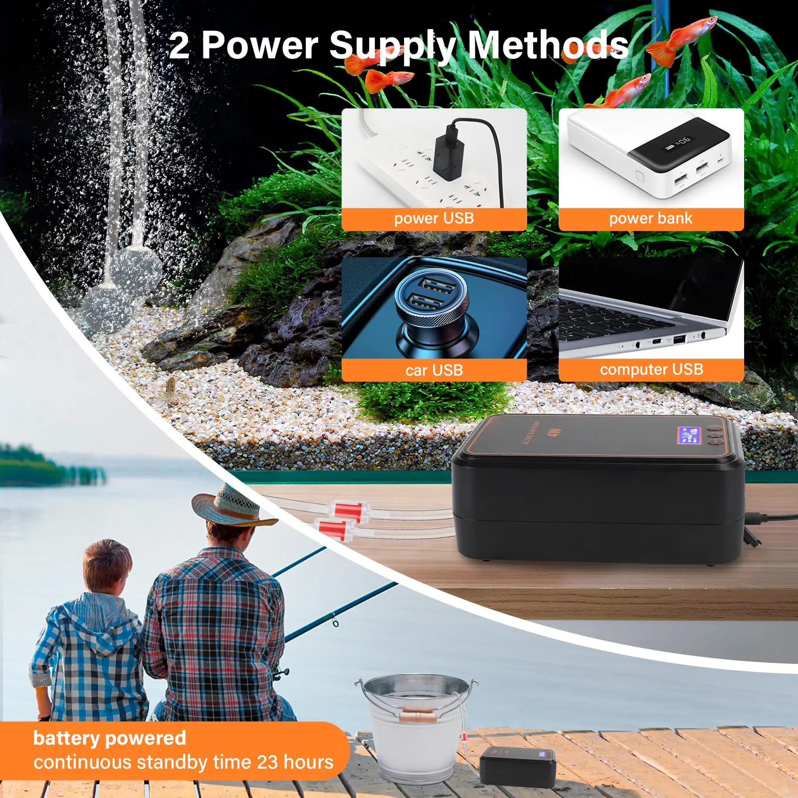 Aquarium Bubble Tube Aquarium Air Pump, Rechargeable Portable Oxygen Pump with Single/Dual Outlets, Ultra Quiet Battery Powered Air Bubbler for Fish Tank up to 200 Gallon