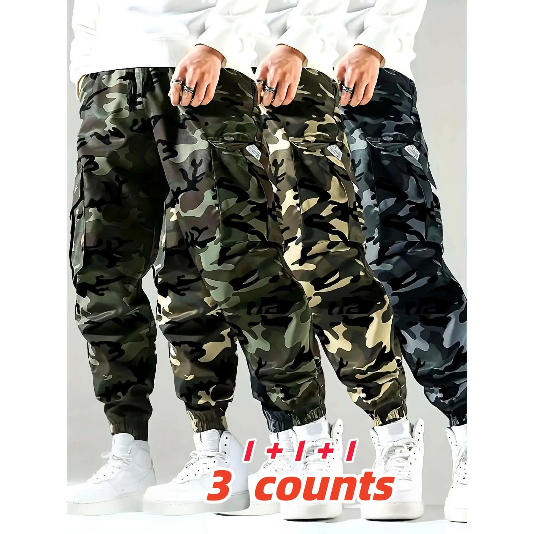 3-Pack Men's All-Season Camouflage Cargo Pants, Elastic Waistband with Multiple Pockets, Breathable Polyester Casual Pants for Daily Outdoor Wear