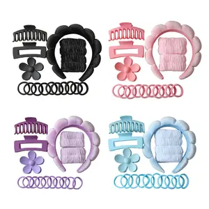 16 Pack Spa Skincare Hair Accessory Set, Soft Fleece Wash Face Headband + Matching Wristbands + Hair Claw Clips + Hair Ties Multipack, Non Slip Makeup Shower Hair Holder for Women