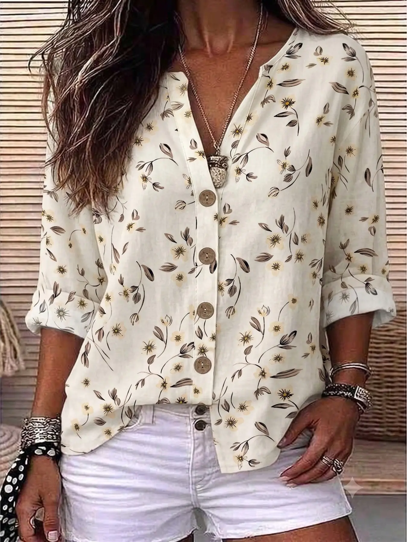 Women's Floral V Neck Top, Bohemian Style Boho Floral Pattern Shirt, Blouses, Spring Summer Fashion, Loose Fit Button Front, Vacation Wear, Casual