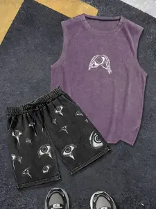 Men's Casual Sleeveless Tank Top and Shorts Set, Gothic Skull Hand Eye Two-Piece, Washed Cotton, Y2K Street Style