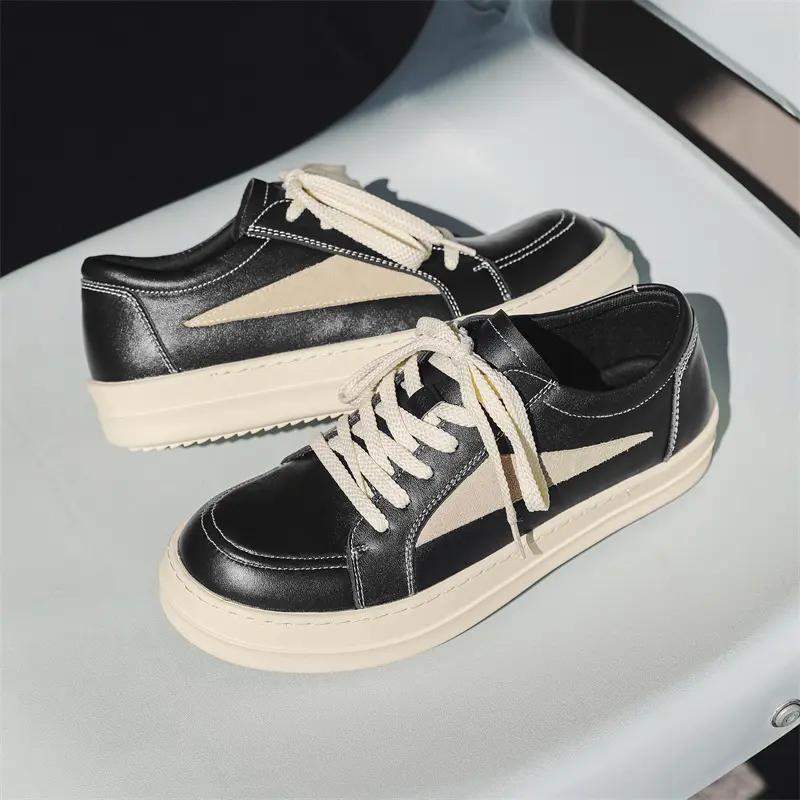 Men's Black & Beige Retro Low-Top Sneakers, Thick Cream Sole, Contrast Stitch Design, Casual Streetwear Skate Shoes for American Trendsetters