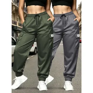 2 Pack Women Solid Tapered Work Pants, Elastic Waist Drawstring Big Pockets Daily Street Casual Trousers