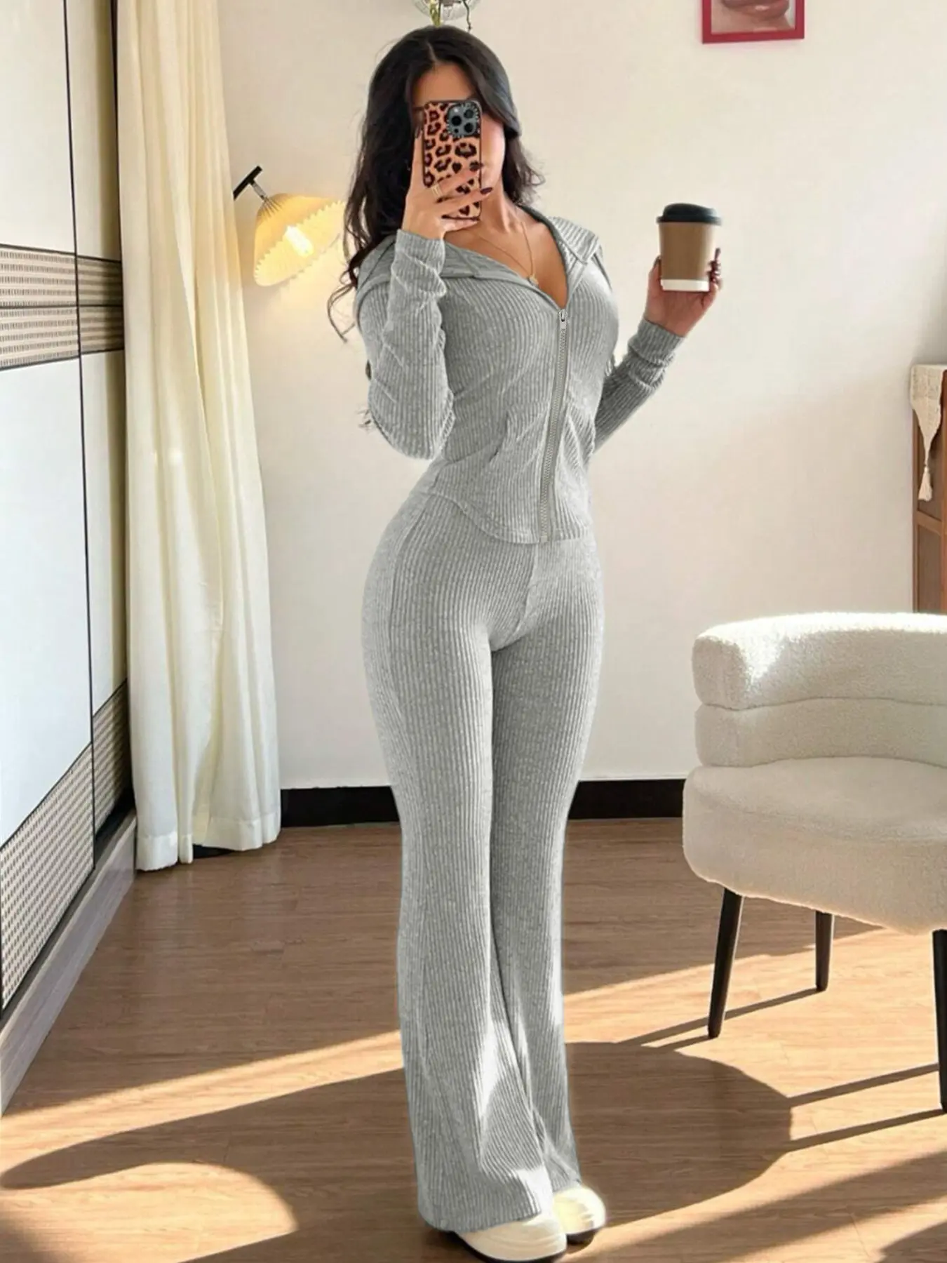 2026 Spring Summer Cross-Border Waist Cinch Zipper Top + High-Waisted Flare Pants, Pear-Shaped Body Knit Set
