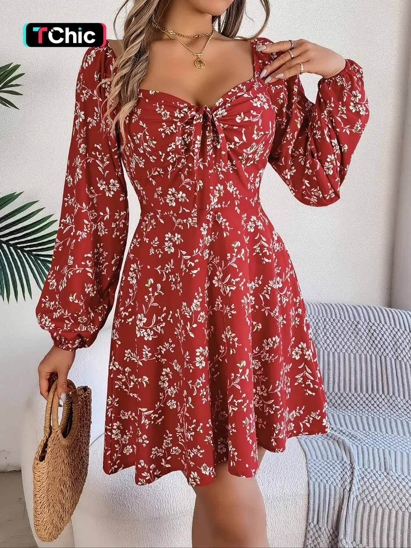Women's Feminine Floral Print Sweetheart Neck Bishop Sleeve Tie Front Fitted A Line Dress, Boho Fashion Casual Romantic Chic Long Sleeve Short Dress for Daily Casual Holiday Vacation Wear, Ladies Dress for Spring & Fall