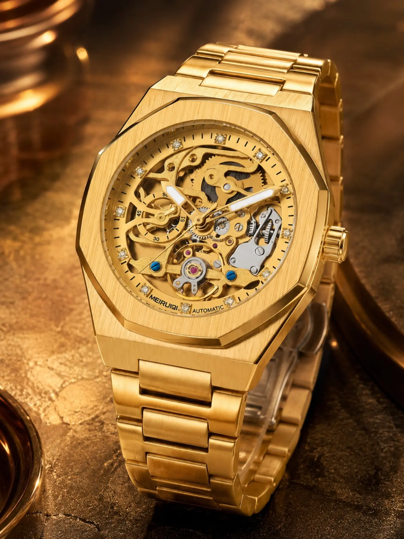 Cold Tone Octagonal Hollow Automatic Watch, Transparent Dial, Mechanical Movement, Geometric Design, Luxury Feel, All Seasons