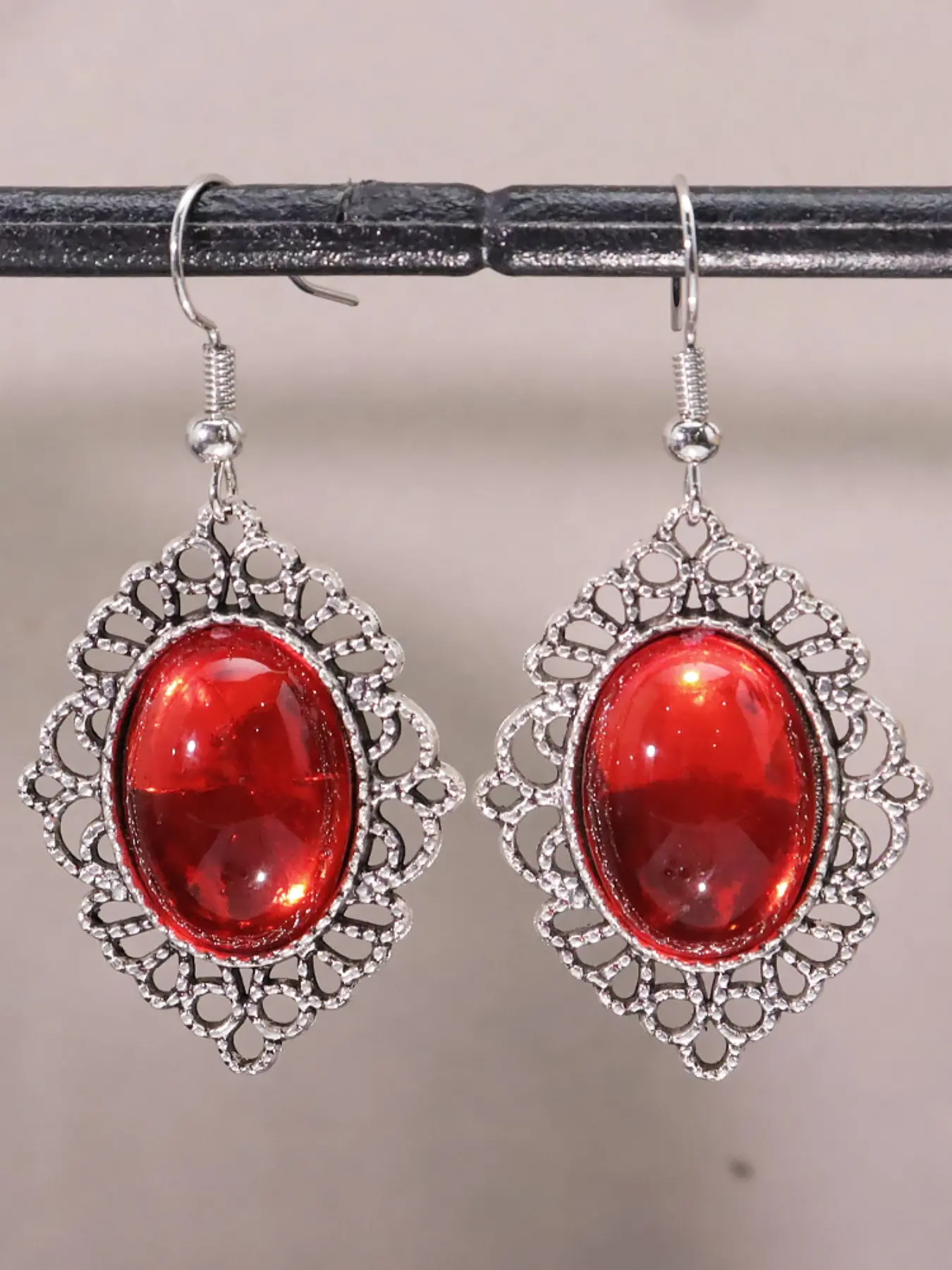 Victorian Style Oval Ruby Long Earrings, Dark Gothic Retro Accessories, Elegant Jewelry for Women, Perfect for Special Occasions