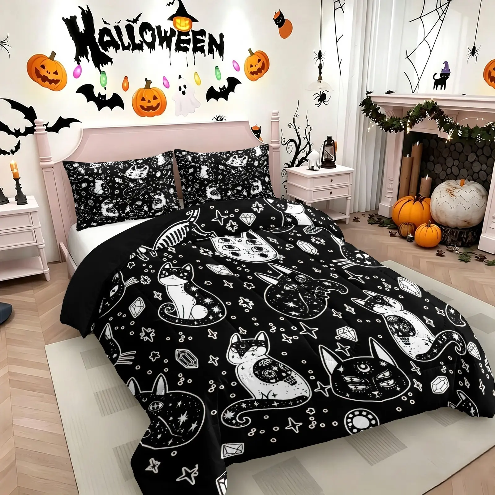 2/3 Piece Halloween Witchy Mystical Cat Print Comforter Set, Soft Microfiber Quilt with Pillowcases, Gothic Dark Aesthetic Bedding Set for Bedroom & Dorm Decor, Perfect Gift for Spooky‑Style Lovers