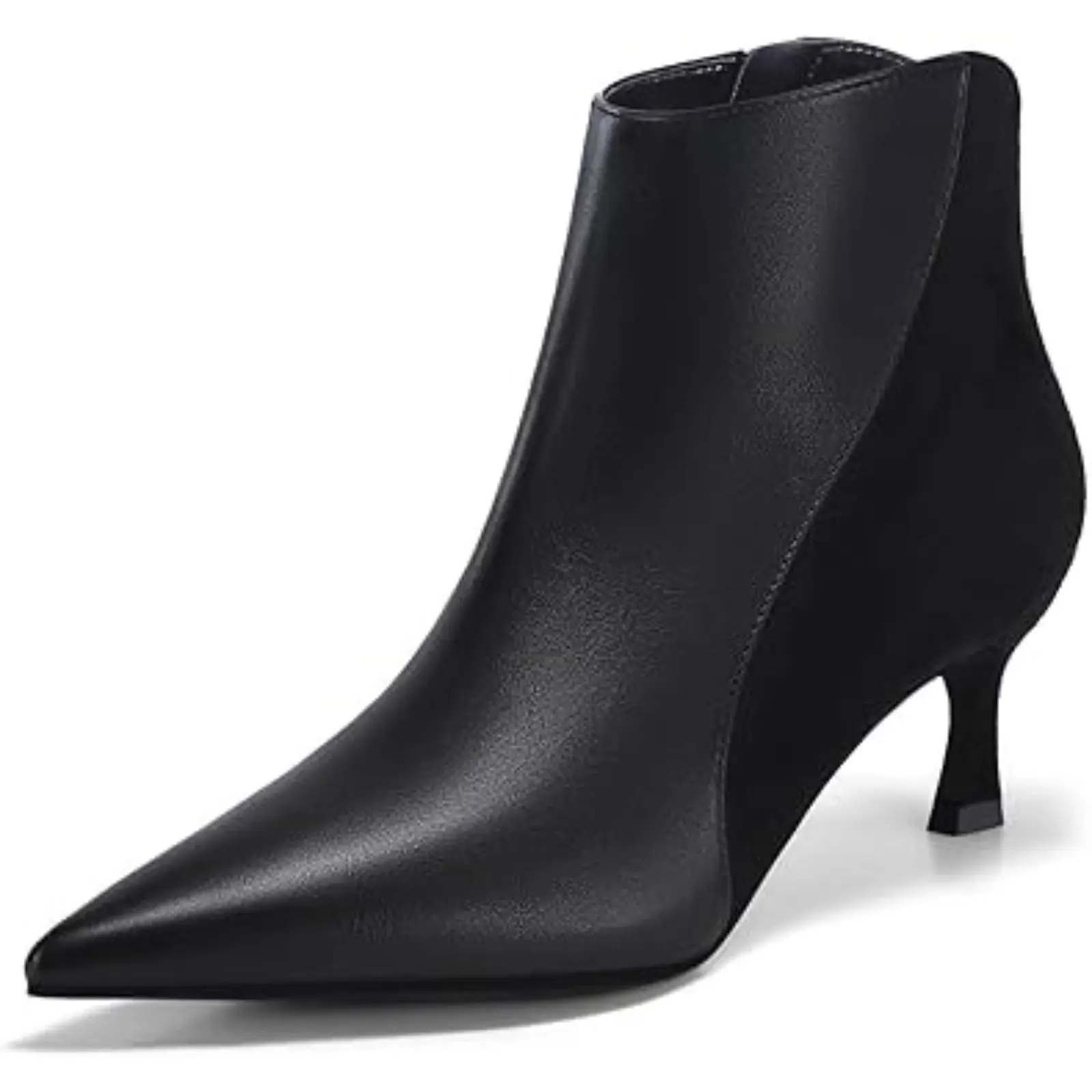 Coutgo Women's Kitten Heel Ankle Boots - Pointed Toe, Side Zipper, Rubber Sole, Breathable Fabric Walking Shoes for Fall, Winter, Minimalist, Casual Wear, Faux Leather, Basic, Plain