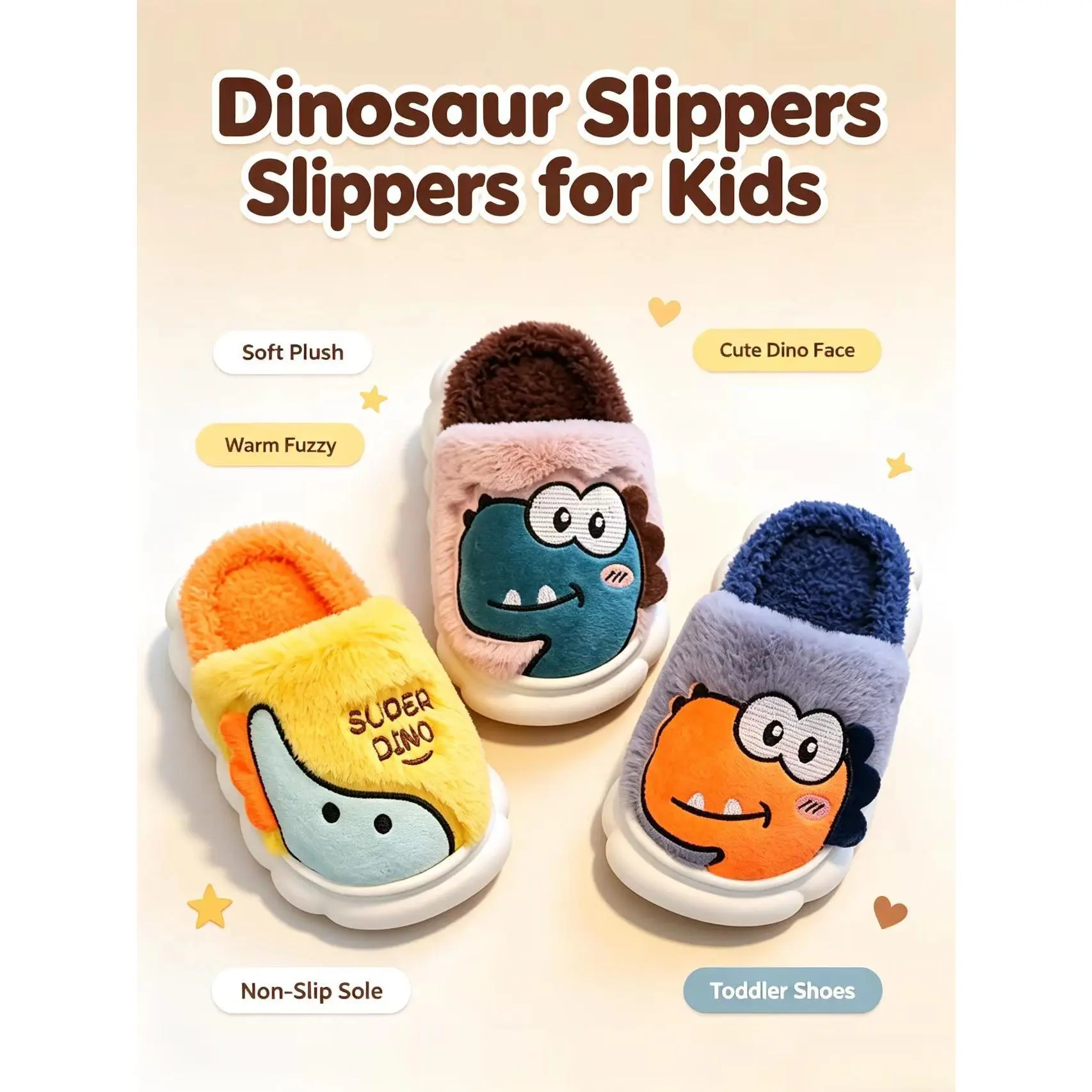 Kids' Cute Dinosaur Slippers, Plush Flat Winter House Shoes with Soft Fabric, Warm Comfortable Footwear for Boys, Cute Look