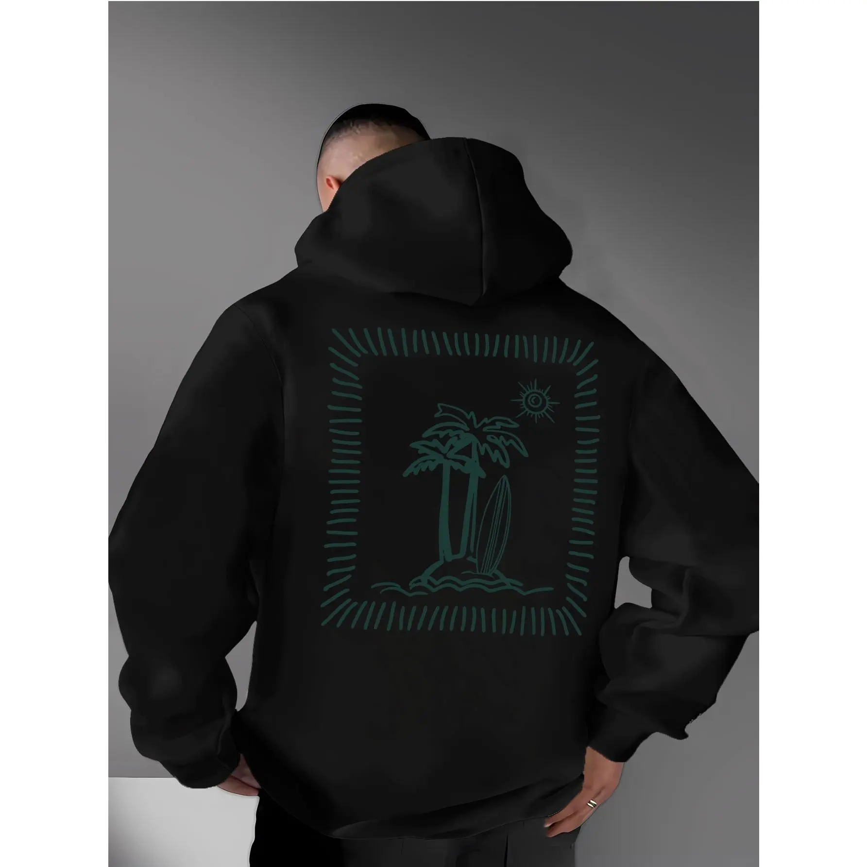 Island Coconut Tree Surfboard Minimalist Line Print Hooded Sweatshirt Men's West Coast Vacation Style Pullover Top