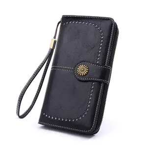 Women's Waxed Leather Clutch Wallet - Vintage Chic Purse, RFID Blocking Zip-Around Wristlet, Long Zipper Purse, Multi-Pocket, Phones/Cards/Coins Storage, Daily Sleek Essential