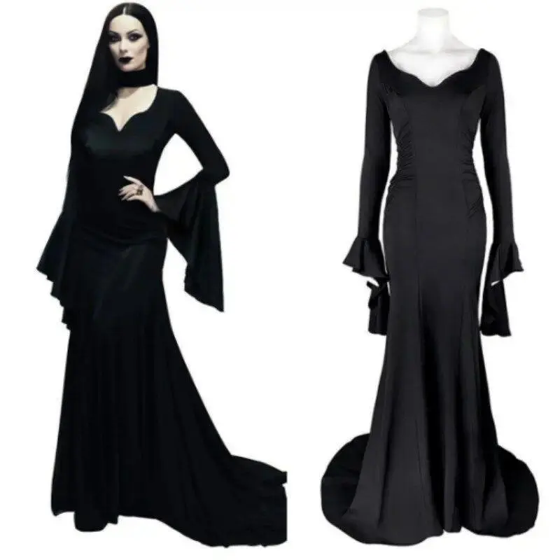 H-Line Gothic Black Long Dress Adams Family Costume British Style Long Sleeve Polyester Blend Adult Women's Holiday Dress