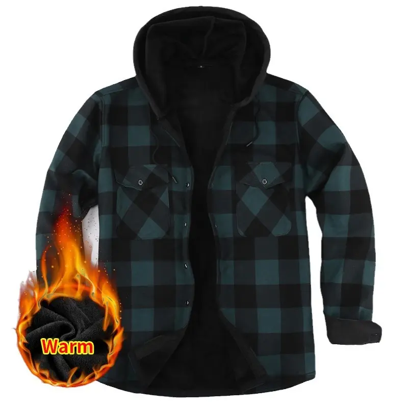 Men’s Hooded Fleece Lined Plaid Flannel Shirt Jacket, Button Down Thick Warm Thermal Shacket With Dual Chest Pockets, Drawstring Hood Casual Heavyweight Outerwear, Relaxed Fit Cold‑Weather Top For Daily Wear, Hiking And Outdoor Fall Winter Activities