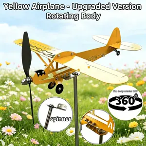360° Vintage Twin-Wing Plane Iron Windmill Stake Decor, Rotating Outdoor Garden Ornament, Rust-Resistant Metal Sculpture