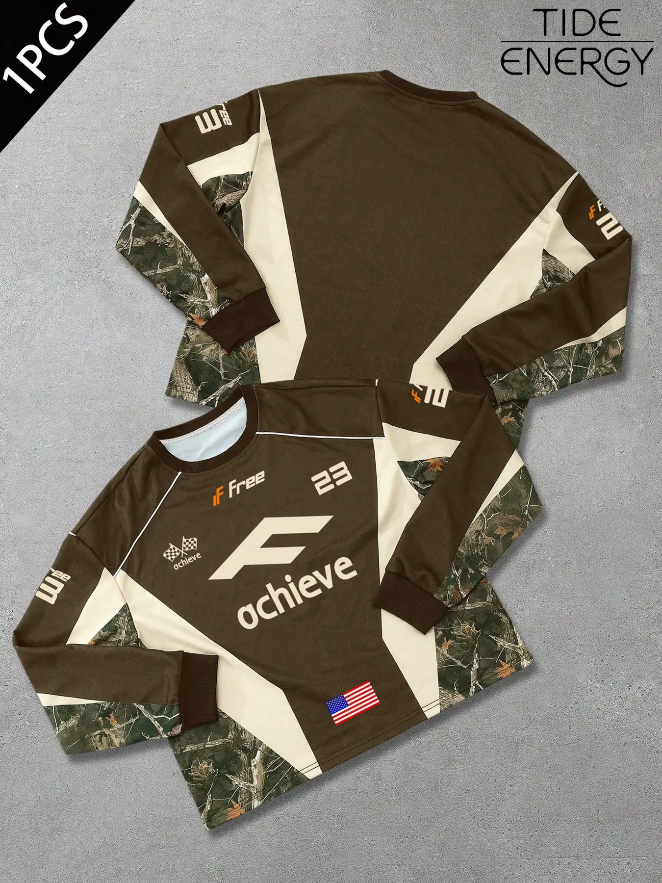 90s Racing Style Camo Patchwork Long Sleeve T-Shirt, Breathable Knit Fabric, Block Print, Loose Fit, Urban Streetwear, Casual, Graphic, Tops, Menswear