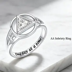 AA Sobriety Ring for Women Zinc Alloy Alcoholics Anonymous Triangle CZ Stone Engraved One Day At A Time Cross Design Stay Sober Recovery Jewelry Inspirational Sobriety Gifts for Women Her Sober Anniversary Encouragement Addiction Recovery Finger Ring