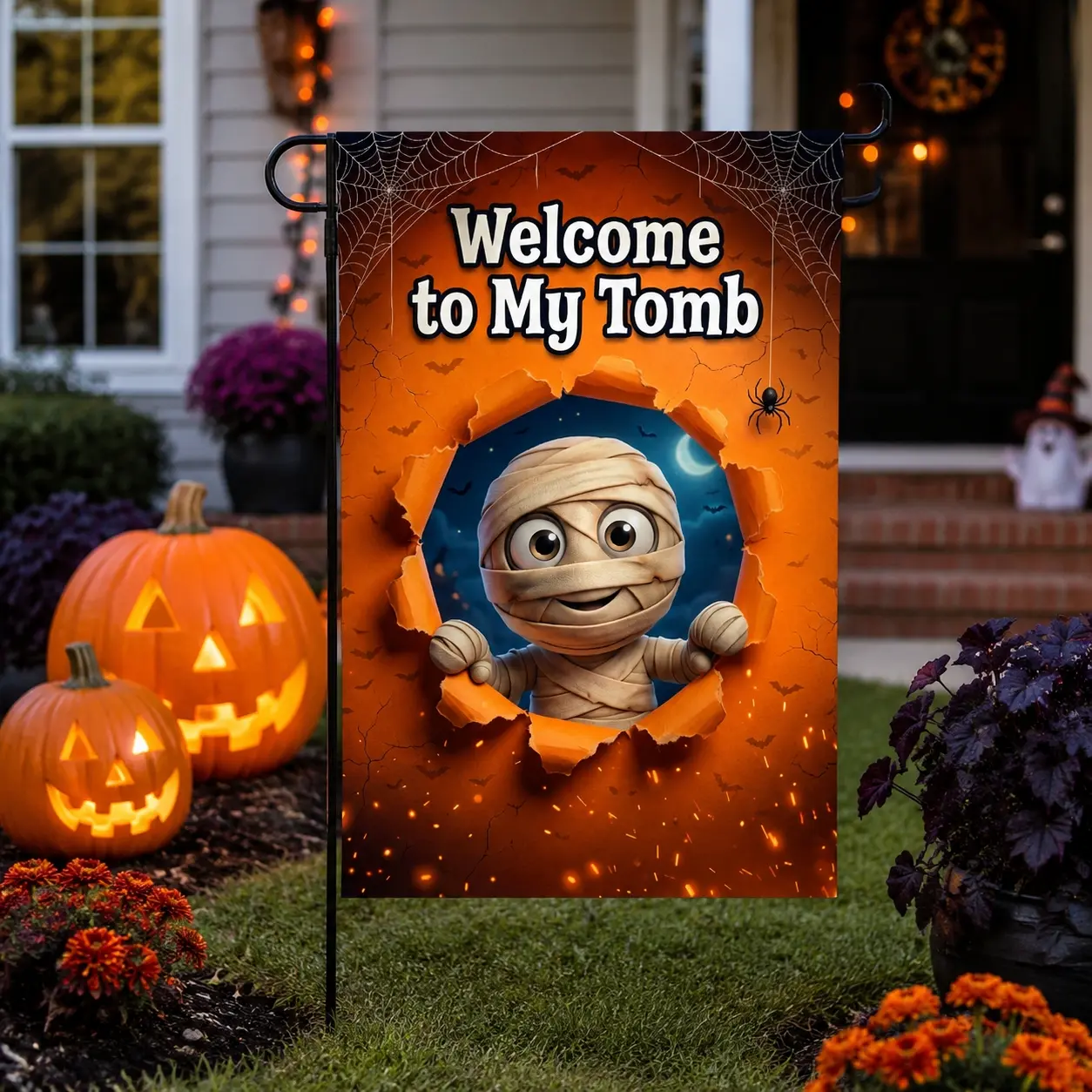 1pc Mummy Welcome to My Tomb Garden Flag, Whimsical Halloween Style, Cute Mummy Character Peeking Through Torn Paper Effect with Spider Web and Bat Details, for Front Yard Porch Patio and Halloween Decor