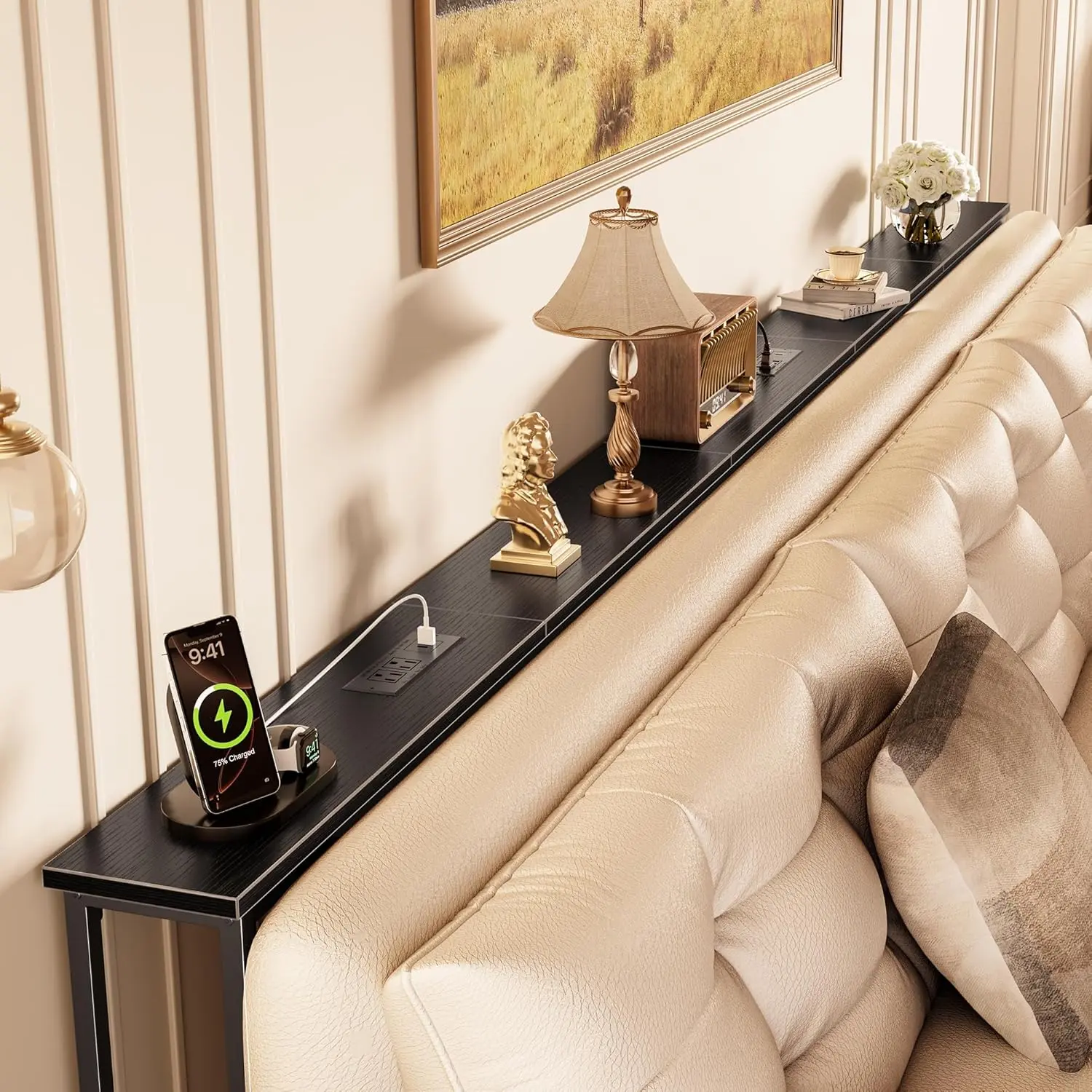 110 Inch Sofa Table with 2 Power Outlets and USB-C Port, 6 Inch Narrow Console Table with Storage, Extra-Long Behind Sofa Table for Living Room, Entryway Hallway Couch, Black