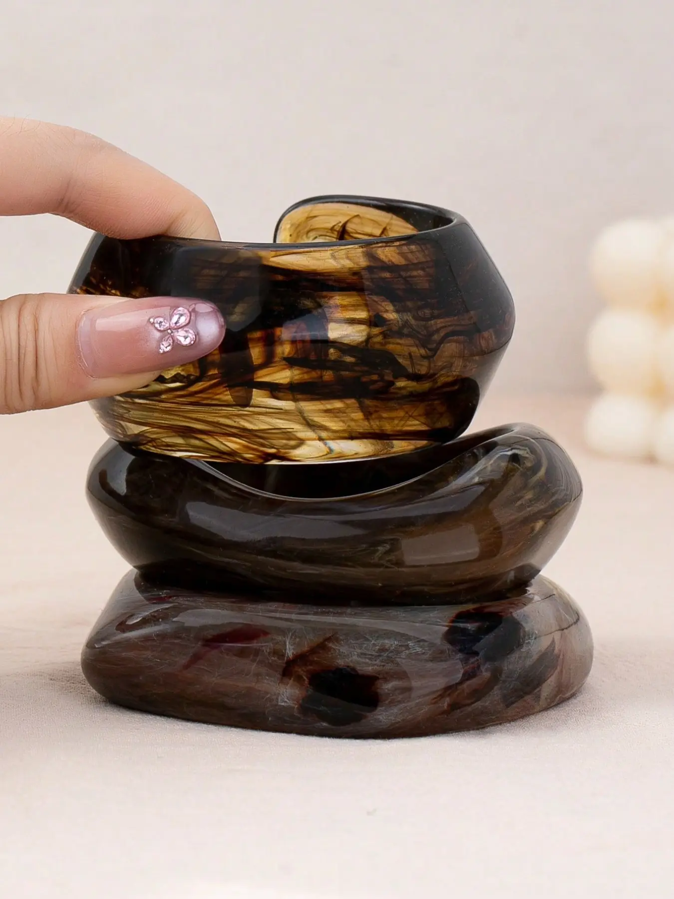 3-Piece Turtle Shell Marble Resin Bracelet Set, Thick Acrylic Bracelets, Boho Style Bracelet, Vintage Bohemian Style Jewelry Gift, Handmade Accessories