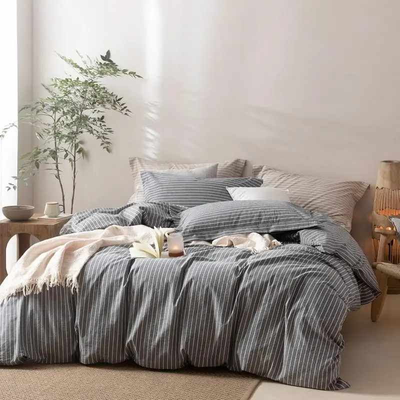BDEAR 3Pcs Pinstripe Duvet Cover Queen Size 90''W x 90" L, Grey and White| 100% Washed Cotton, 1 Duver Cover with 2 Pillowcases, Zipper Closure, OEKO TEX Standard,8 Corner Ties,Linen-Liked Texture