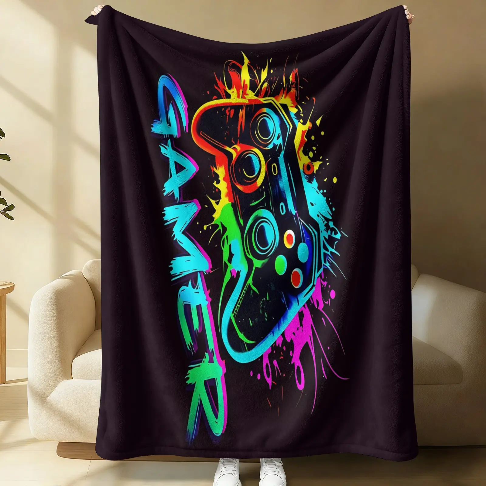 Gamer Neon Gamepad Full Print Throw Blanket, Dark Base Street Graffiti Design, Lightweight for Teens, Gaming Dorm & Apartment Decor