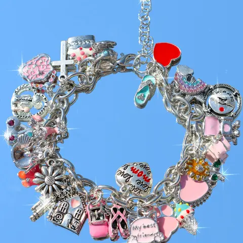 Cherry Bear Charm Bracelet, Vintage Heart DIY Bracelet, Cherry Cross Heart Bracelet, Angel Heart Cross Bracelet, Unique Jewelry Gift
