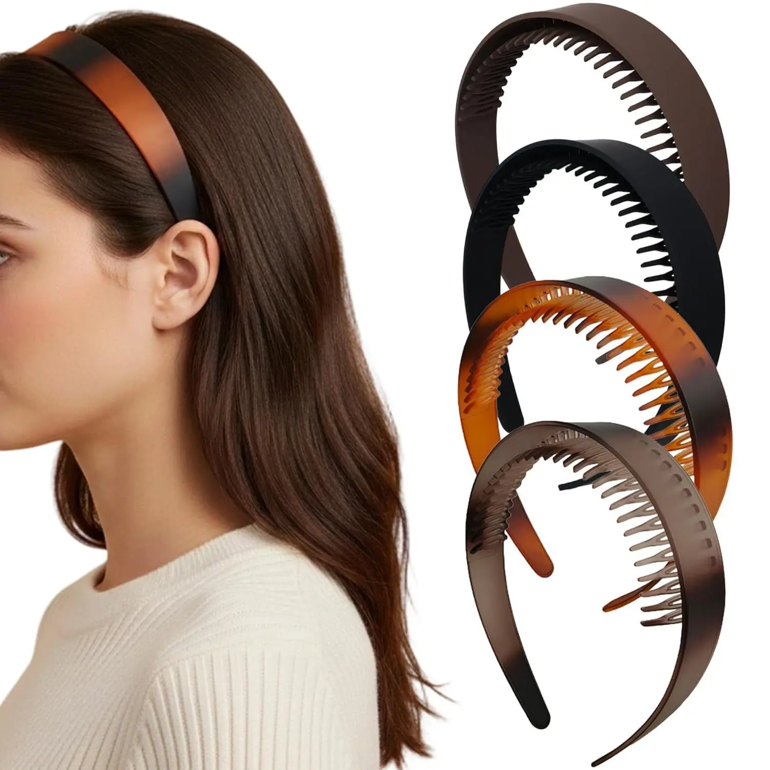 Fashion Headband 4-Pack for Women, Retro Wide Resin Hairbands in Tortoiseshell & Matte Colors with Non-Slip Comb Teeth for Daily Styling, Chic Headbands, Accessories For Women, Smoothly Finished Interior Comb Teeth, Retro 90S Style