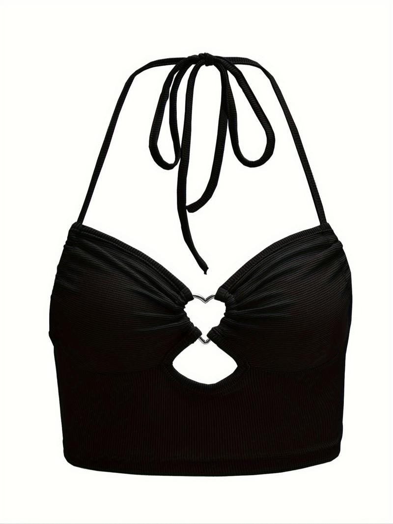 Women's Solid Cut Out Ruched Halter Neck Crop Top, Y2K Fashion Tie Back Backless Crop Top for Summer, Women's Clothing for Daily Wear Valentine's Day, gift