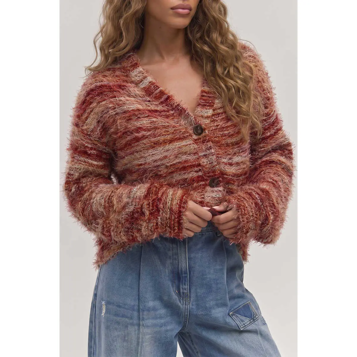 Women’s Chic Fuzzy Striped Button-Front Cardigan - Long Sleeves, Drop Shoulder, Oversized Cozy Style, Everyday Wear, Ribbed Cuffs, Premium Fabric, Knitwear