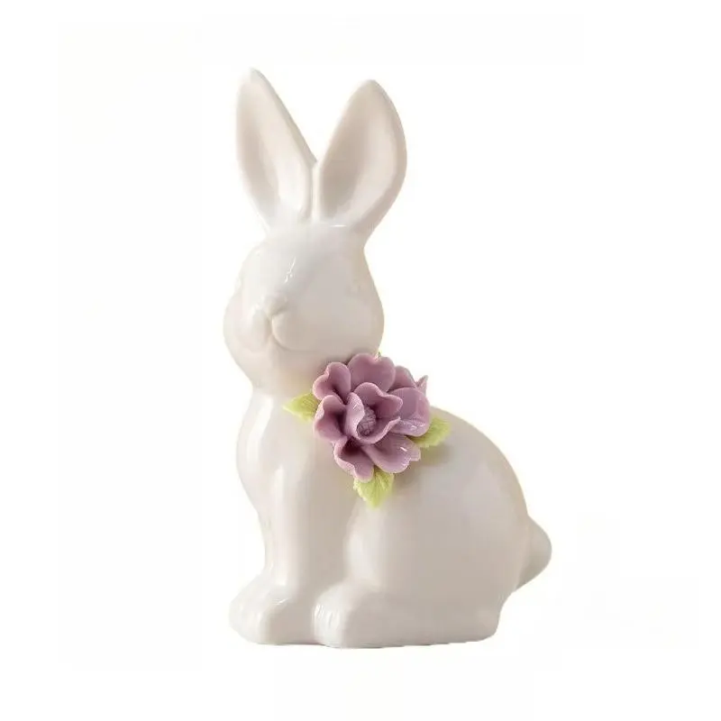 Exquisite Rabbit Ornament, white ceramic rabbit figurine decorated with lovely rabbit and flower patterns. Great for Easter party decor, gift matching, spring home decoration, office decor and holiday ornaments.