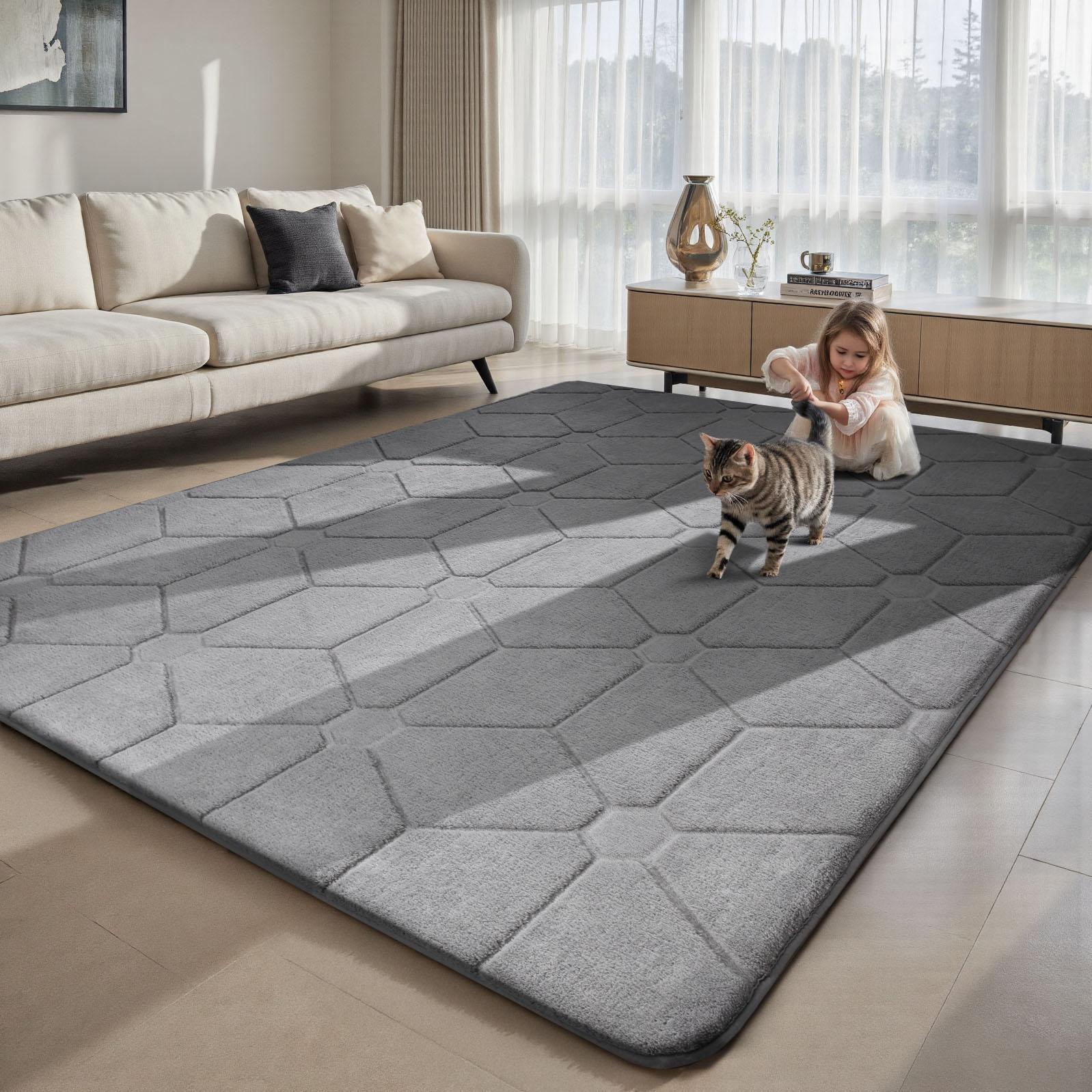 Large Size Jacquard Plush Rug, Big Fluffy 3D patterned Area Rug, Non-slip Soft Shaggy Carpet Mats for Livingroom Bedroom Nursery Home Decor Light Gray