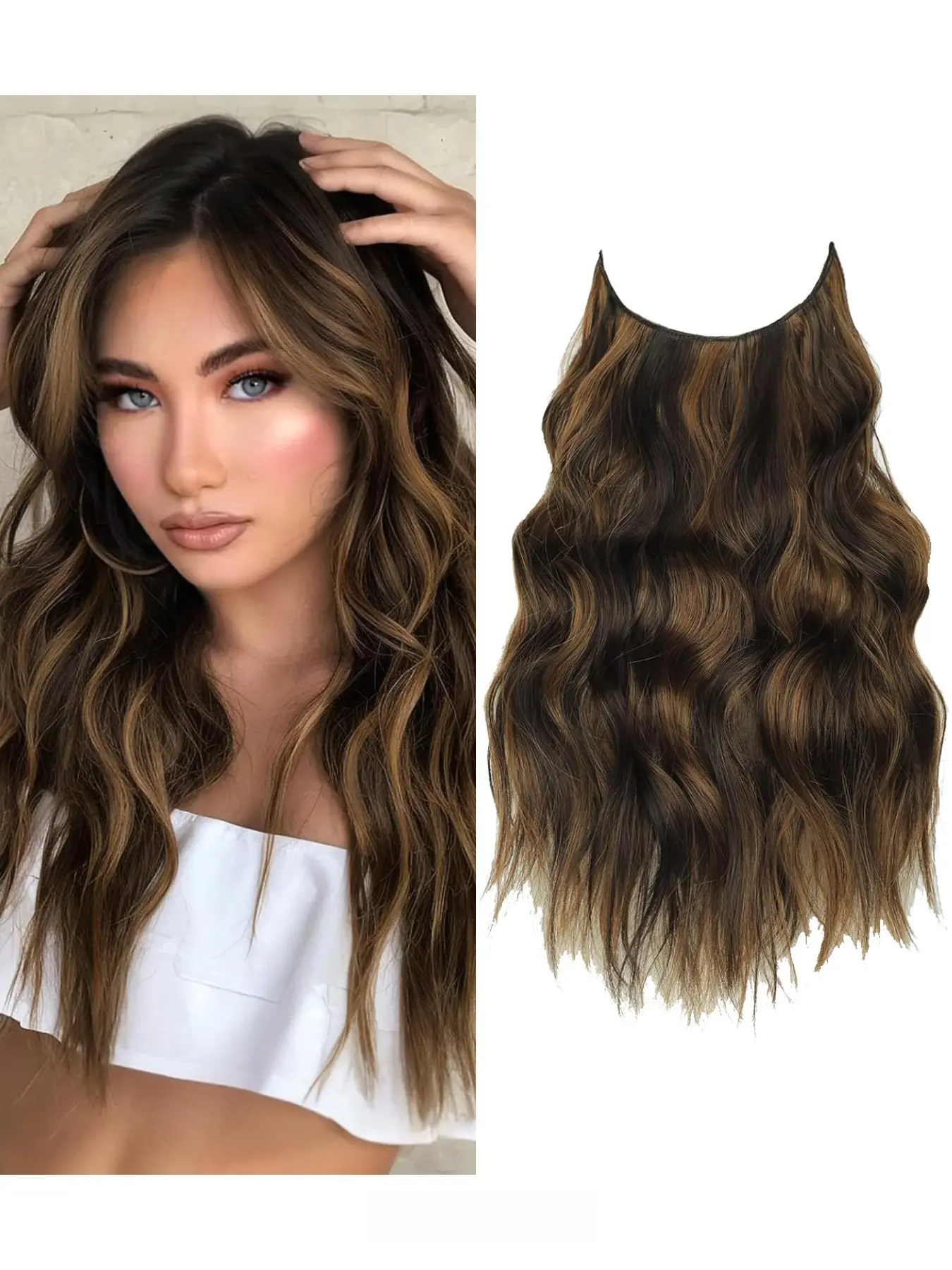 16-Inch Fishing Line Wavy Clip-In Hair Extensions, Synthetic Fiber, Natural Lightweight, Reusable for Daily Events and Weddings