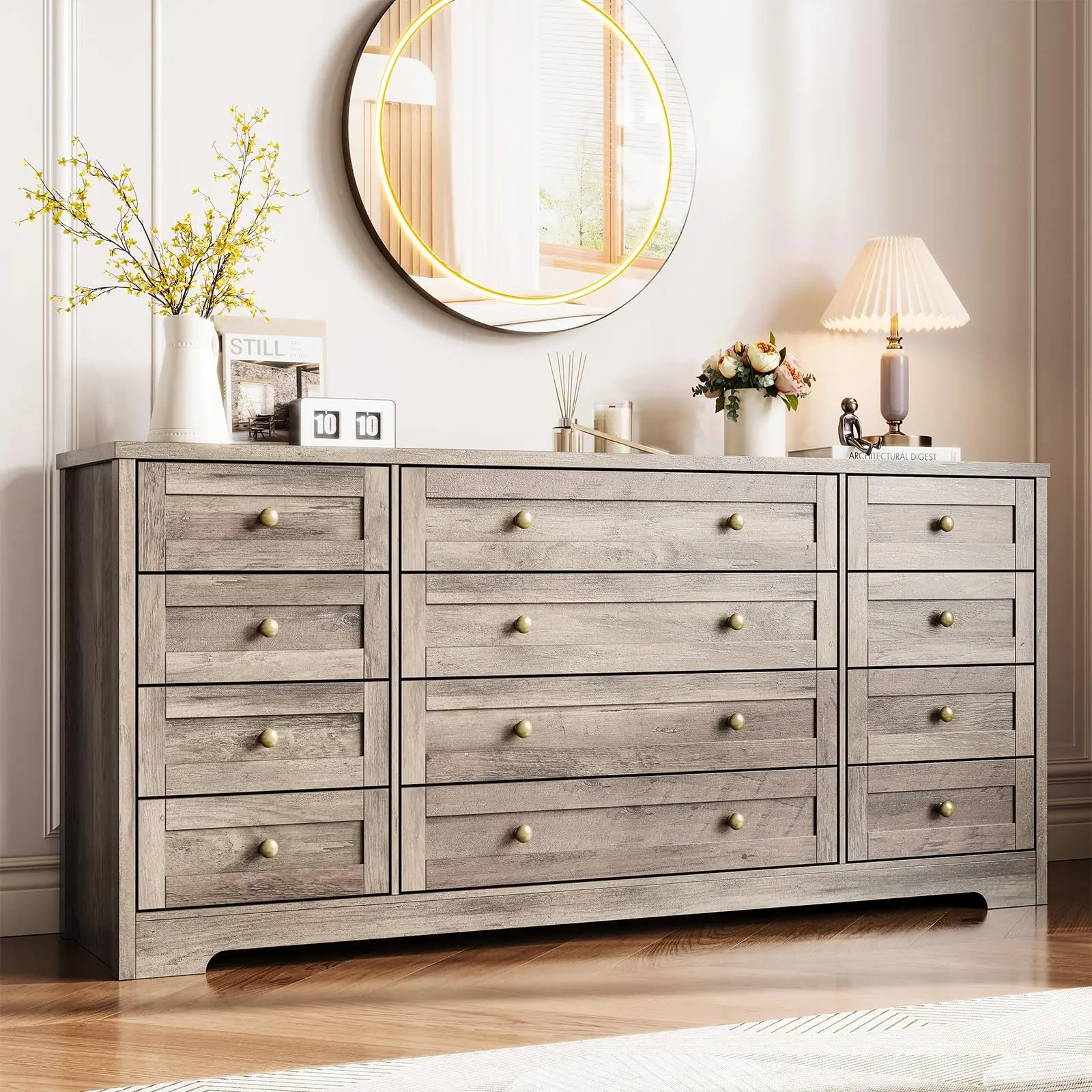 Garvee 12-Drawer Solid Wood Dresser, 63" Long and 16" Wide, Modern Chest of Drawers Perfect for Bedroom, Living Room, Hallway, and as a Stand for Screens up to 65 Inches