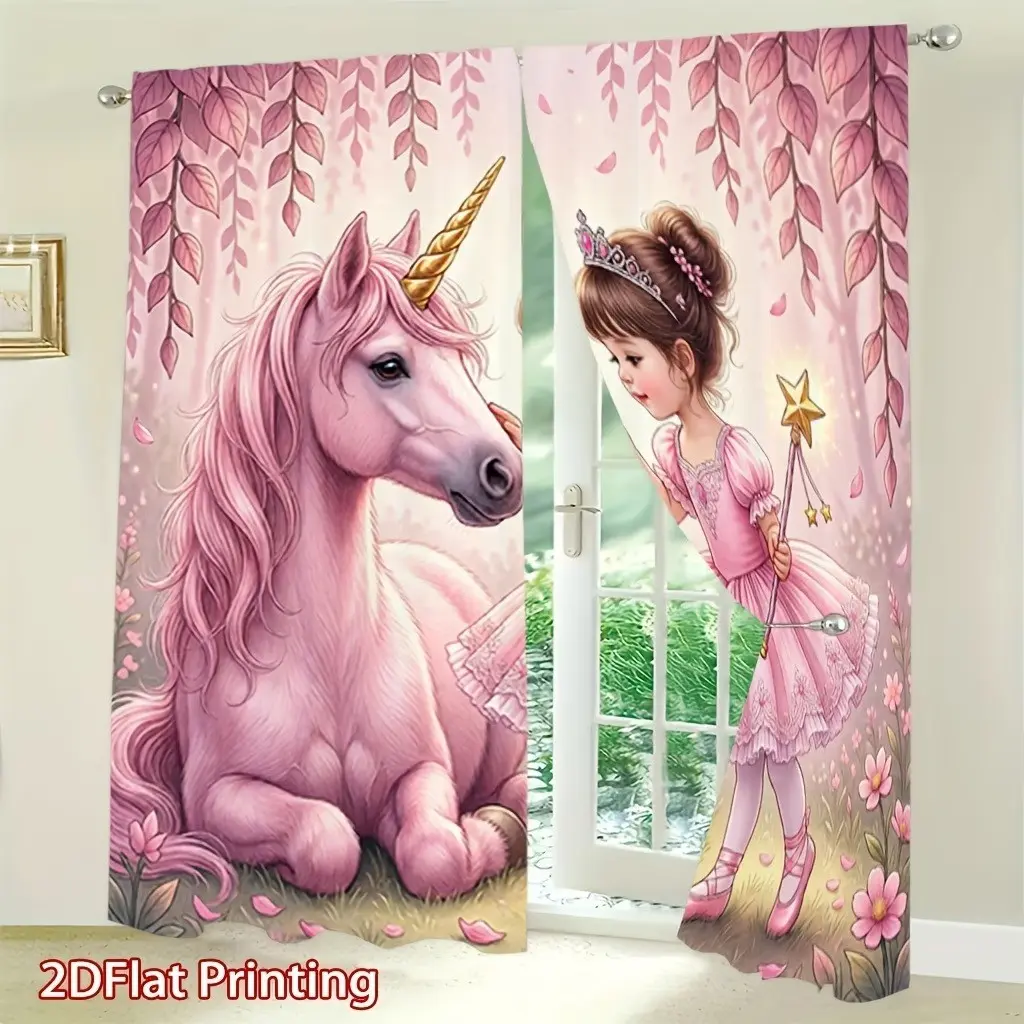 2pcs Princess Unicorn Print Curtains, Polyester Curtain, Window Curtain, Soft Light, Privacy Protection, Easy Install Curtain, Pocket Rod Installation, Suitable for Living Room, Kitchen, Bedroom, Home Decor, Home Decoration Curtain