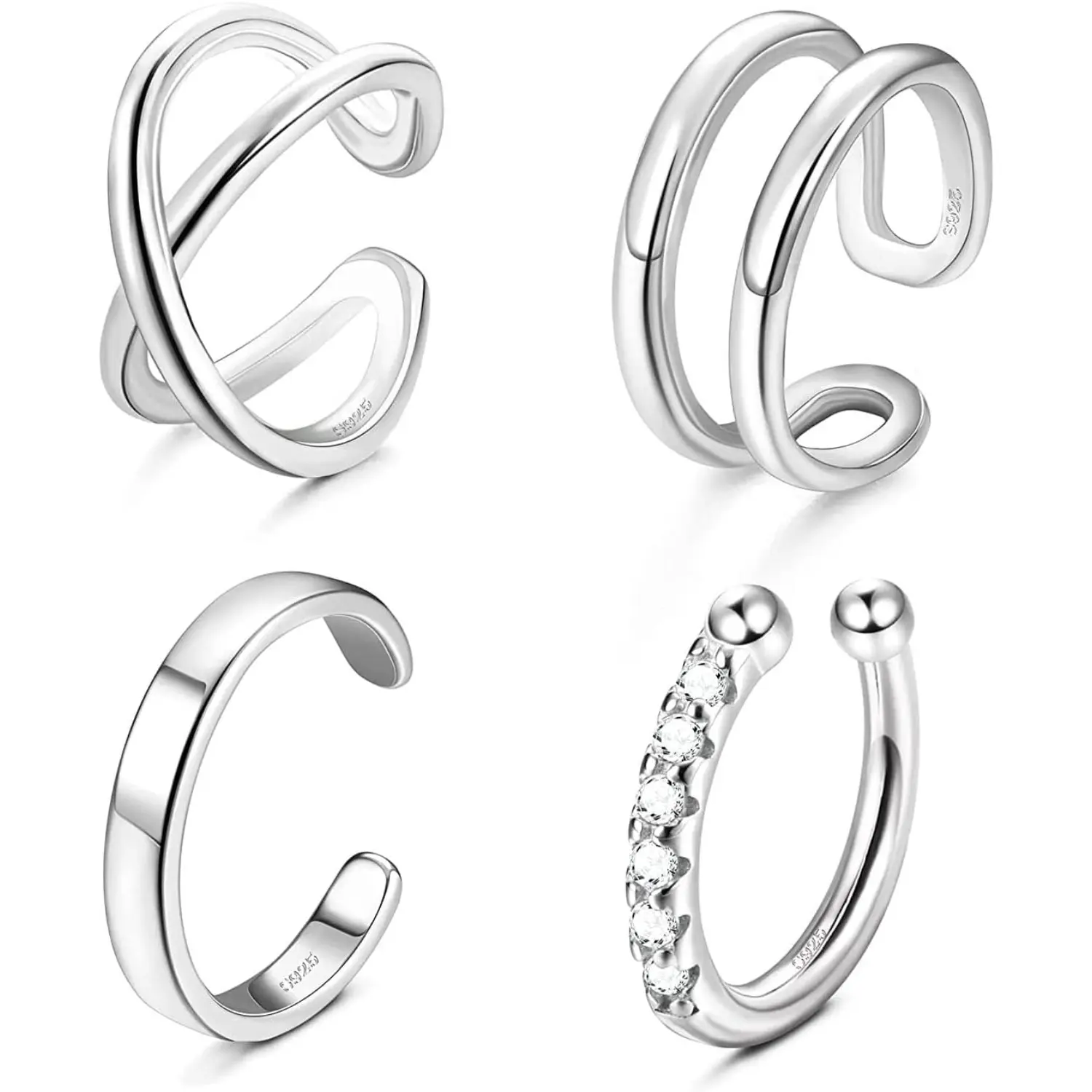 Women's 925 Sterling Silver No-Piercing Ear Cuffs, Minimalist Criss-Cross Double-Line Helix Cartilage Ear Clips, Fake Piercings, 4 Styles