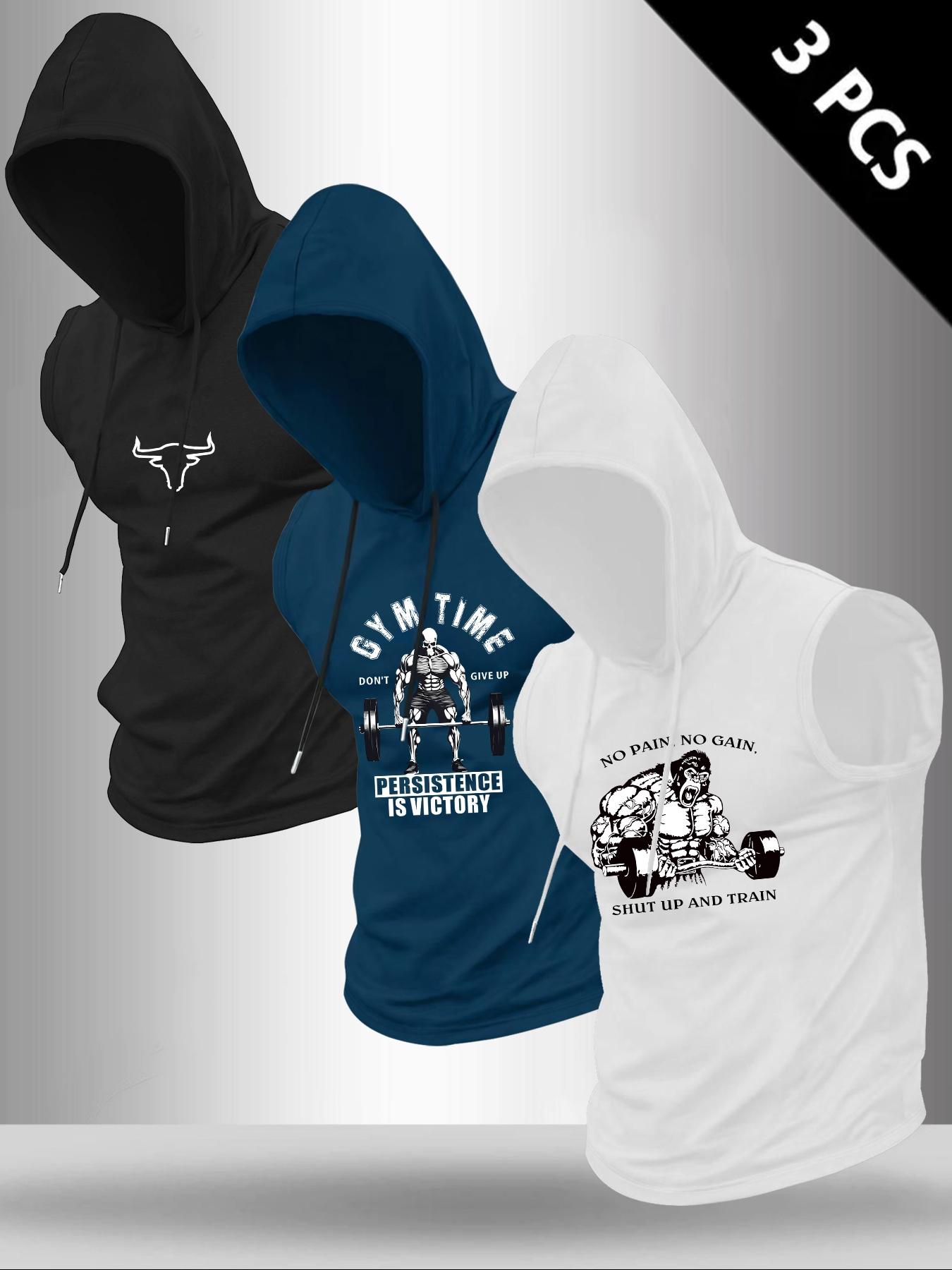 Men's 3-Piece Set Letter Print Hooded Sleeveless T-Shirt, Casual Comfortable Summer Outdoor Fitness Vest, Fitted Style