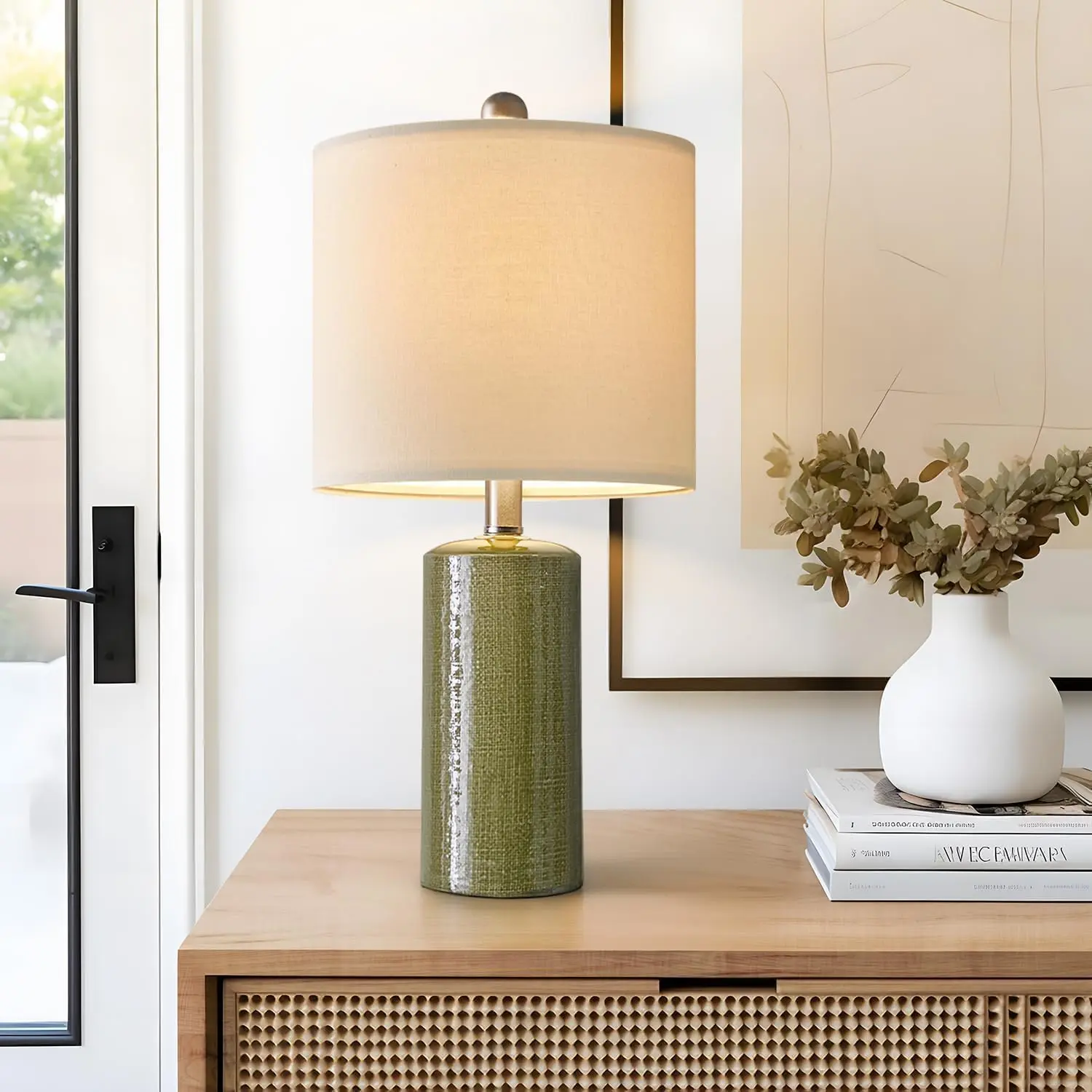 20.25" Small Single Table Lamp for Bedroom Modern Ceramic Nightstand Lamp Farmhouse Bedside Lamp Boho Living Room End Side Table Lamp, Green